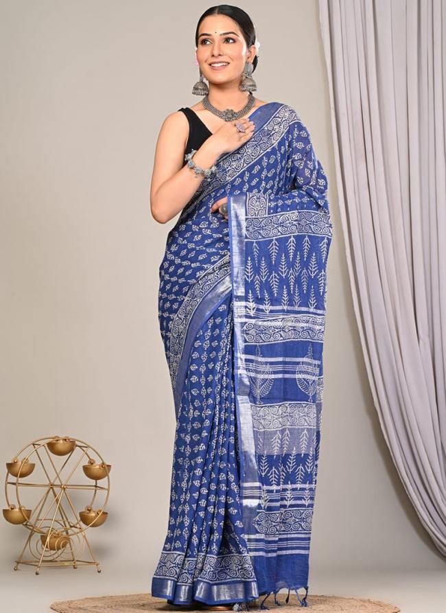 Linen Blue Casual Wear Printed Saree